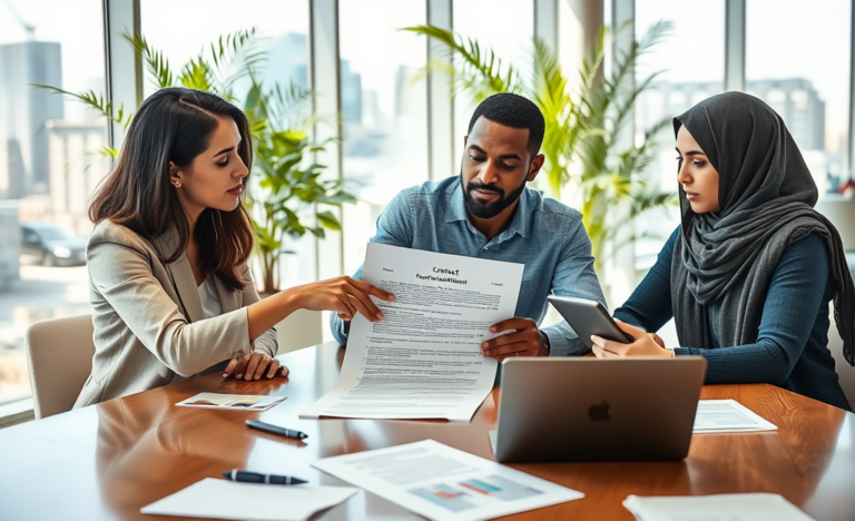 An illustration depicting the evaluation process of terms, conditions, and rates in contracts.