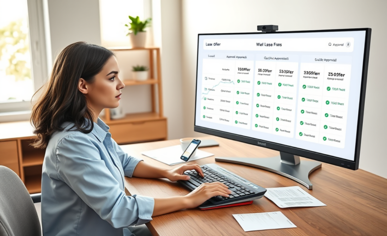 Young woman compares online loan offers for fast approvals on a widescreen monitor in a bright, modern home office