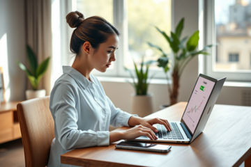 Young professional woman using laptop in bright home office applying for an online loan representing lower rates and faster approval