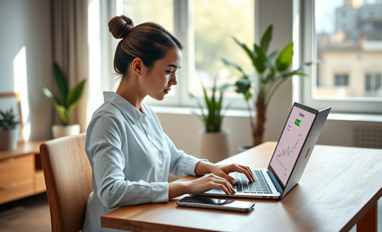 Young professional woman using laptop in bright home office applying for an online loan representing lower rates and faster approval