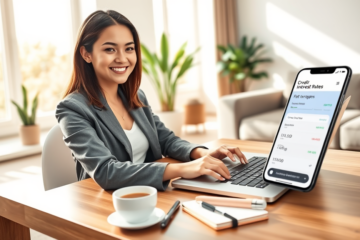 Young professional woman using laptop in bright modern home office to complete an online credit application with fast approval and competitive rates