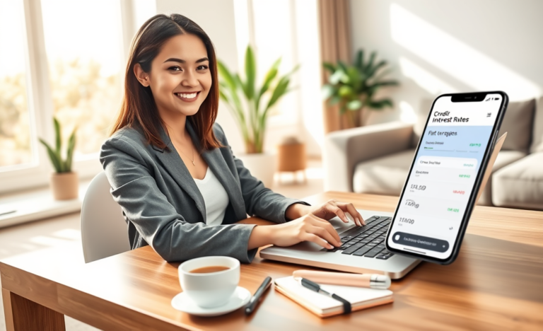 Young professional woman using laptop in bright modern home office to complete an online credit application with fast approval and competitive rates