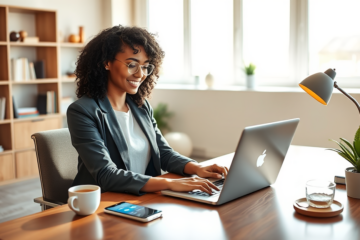 Young woman in a sunlit home office using a laptop to explore online credit alternatives with easy approval options