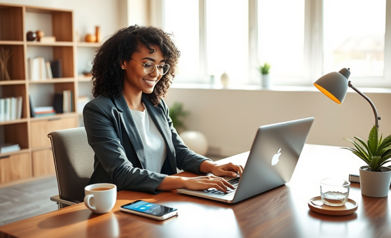 Young woman in a sunlit home office using a laptop to explore online credit alternatives with easy approval options
