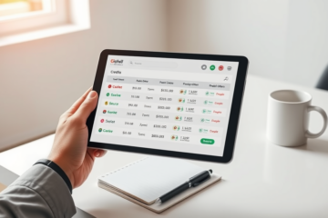 Young professional comparing fast, secure digital credit options on a tablet at a bright, modern workspace