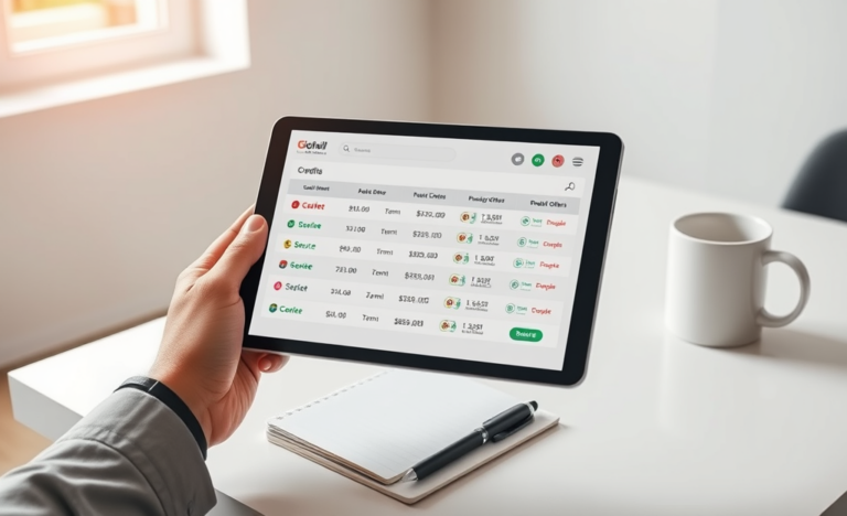 Young professional comparing fast, secure digital credit options on a tablet at a bright, modern workspace