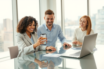 Young professionals discussing digital credit options for fast approval and lower rates in a modern bright office environment