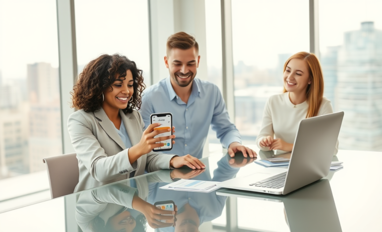 Young professionals discussing digital credit options for fast approval and lower rates in a modern bright office environment