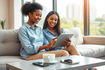 Young woman approving a digital personal loan quickly on tablet in a bright, modern living room with natural light and urban view