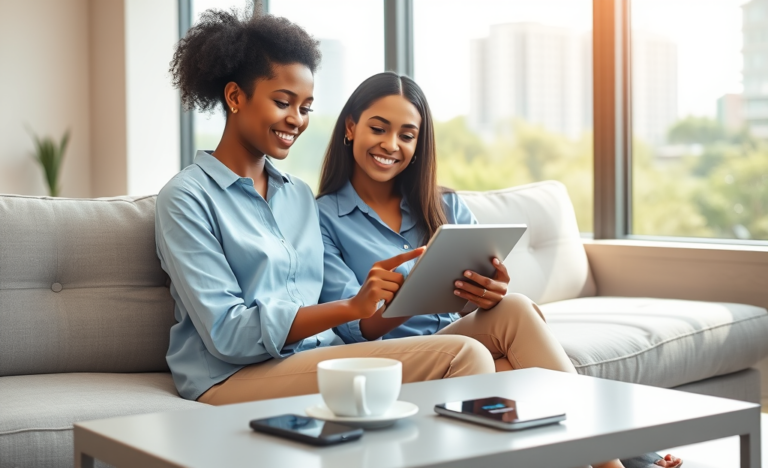 Young woman approving a digital personal loan quickly on tablet in a bright, modern living room with natural light and urban view