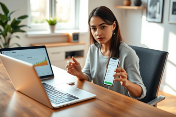Young professional woman using smartphone and laptop at bright home office applying for a digital personal loan with fast, practical review