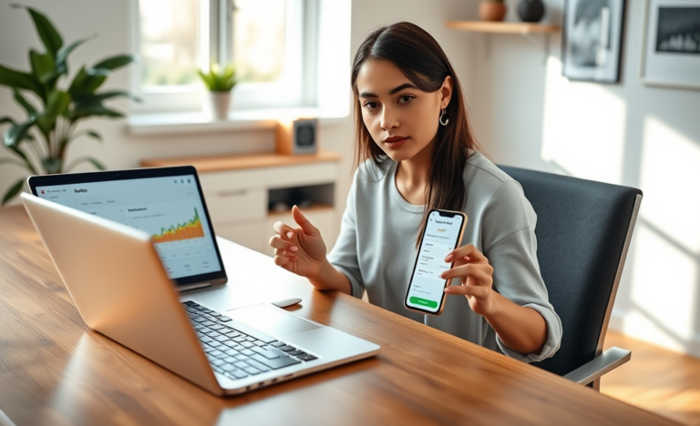 Young professional woman using smartphone and laptop at bright home office applying for a digital personal loan with fast, practical review