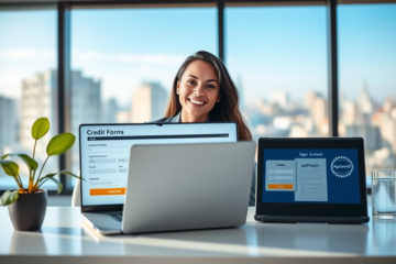 Young professional woman using laptop and tablet in modern office applying for online credit with digital contract and simple approval