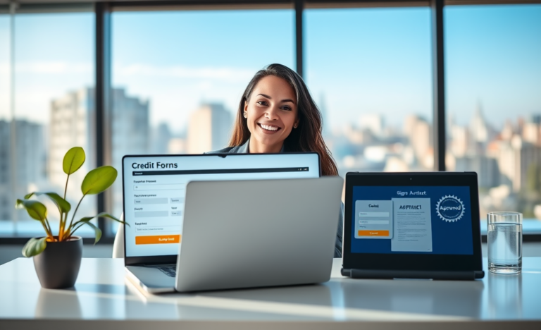 Young professional woman using laptop and tablet in modern office applying for online credit with digital contract and simple approval