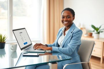 Young woman using laptop at modern home office for fast, simple online personal loan application, bright natural lighting