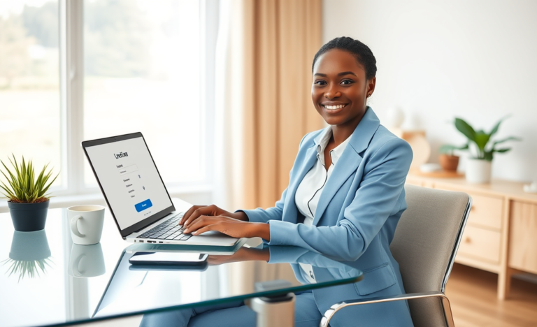 Young woman using laptop at modern home office for fast, simple online personal loan application, bright natural lighting