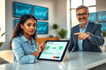 Professional reviewing digital loan solutions on a tablet with a colleague in a bright modern office promoting faster loan approvals