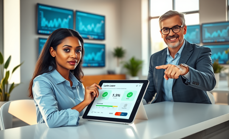 Professional reviewing digital loan solutions on a tablet with a colleague in a bright modern office promoting faster loan approvals
