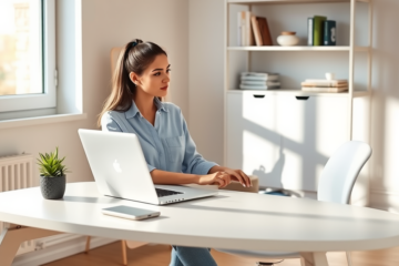 Young woman using laptop in bright modern home office applying for an online loan for faster approvals and competitive rates