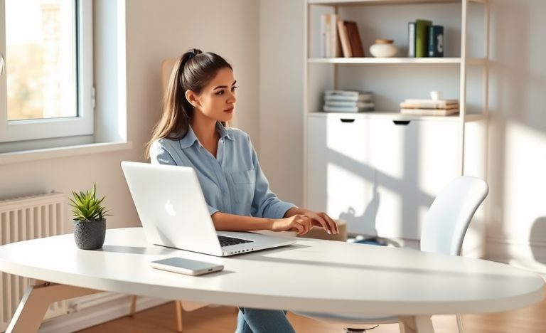 Young woman using laptop in bright modern home office applying for an online loan for faster approvals and competitive rates