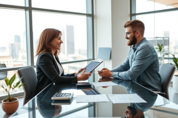 Customer service specialist assisting a young couple with personal loan approval in a bright modern office environment