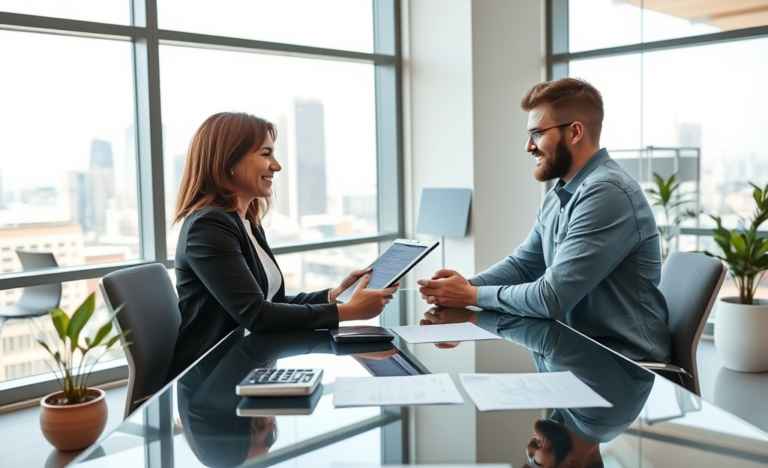 Customer service specialist assisting a young couple with personal loan approval in a bright modern office environment