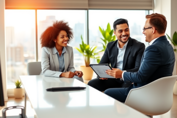 Diverse young couple consulting a friendly loan officer in a modern office with natural lighting for quick loan application and flexible terms