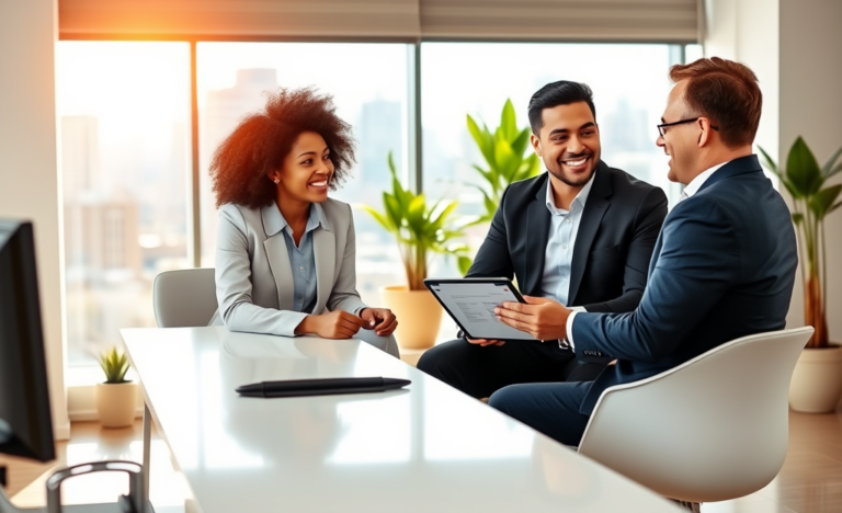 Diverse young couple consulting a friendly loan officer in a modern office with natural lighting for quick loan application and flexible terms