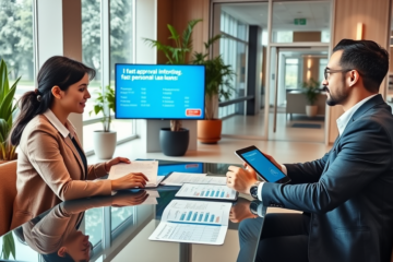 Young couple consulting with a financial advisor in a modern bank discussing personal loan application with competitive rates and fast access
