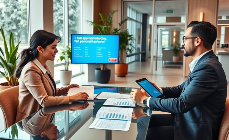 Young couple consulting with a financial advisor in a modern bank discussing personal loan application with competitive rates and fast access