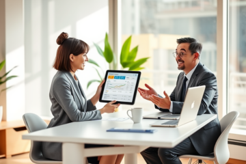 Young professional woman and loan advisor discussing easy personal credit application options in a bright modern office
