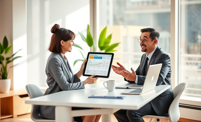 Young professional woman and loan advisor discussing easy personal credit application options in a bright modern office