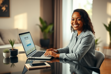 Young woman using laptop in modern home office applying for online personal loan with easy approval and lower rates