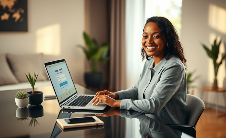Young woman using laptop in modern home office applying for online personal loan with easy approval and lower rates