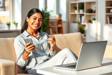 Young woman receiving fast digital personal loan approval on smartphone in a bright, modern home office with minimal paperwork