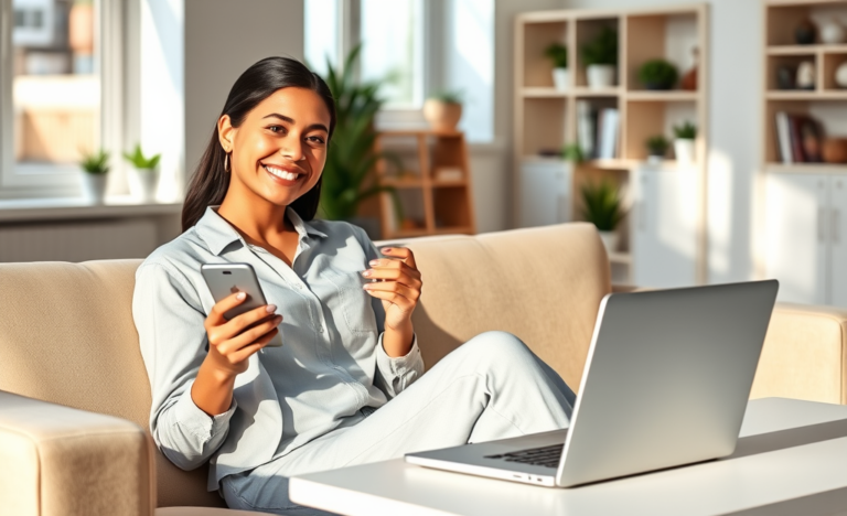 Young woman receiving fast digital personal loan approval on smartphone in a bright, modern home office with minimal paperwork