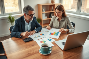 Professional couple analyzing loan comparison charts and documents in a modern office setting for simple loan analysis