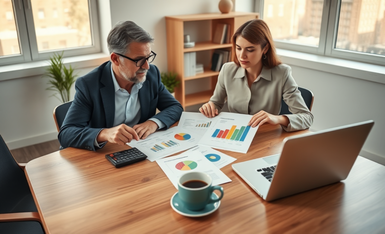 Professional couple analyzing loan comparison charts and documents in a modern office setting for simple loan analysis