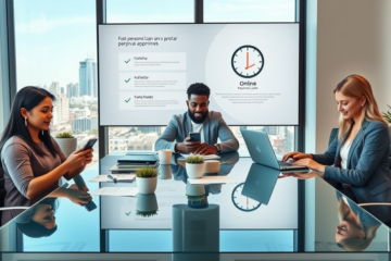 Three diverse adults using digital devices in a modern office assessing fast approval options for personal loan online applications during daytime