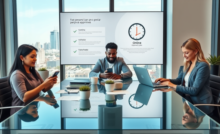 Three diverse adults using digital devices in a modern office assessing fast approval options for personal loan online applications during daytime