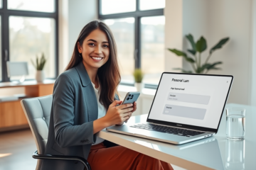Young woman completing personal loan online application with simple approval options in a bright modern home office