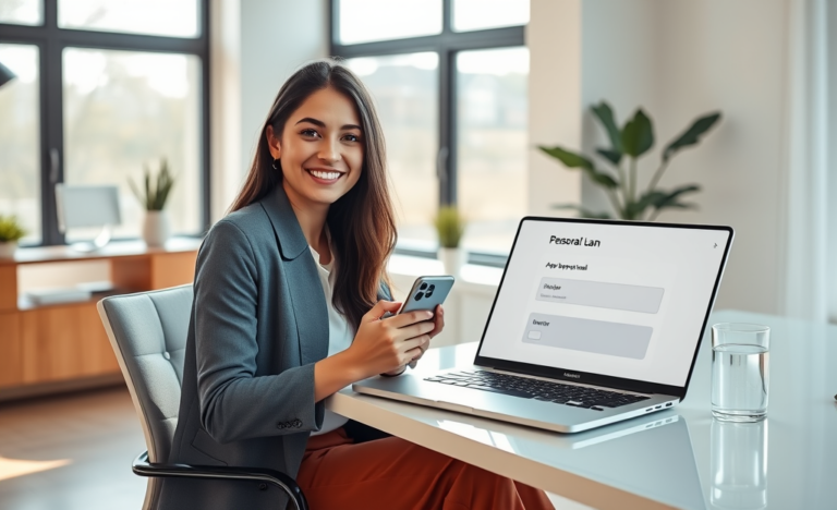 Young woman completing personal loan online application with simple approval options in a bright modern home office
