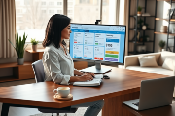 Young woman compares online loan options on a desktop monitor in a bright modern home office, applying with ease