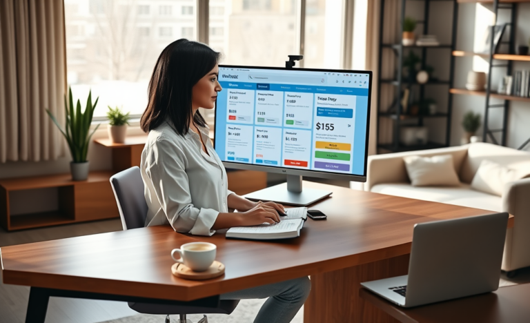Young woman compares online loan options on a desktop monitor in a bright modern home office, applying with ease