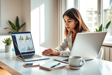 Young woman in a bright home office comparing competitive online loan rates on laptop and applying digitally using smartphone