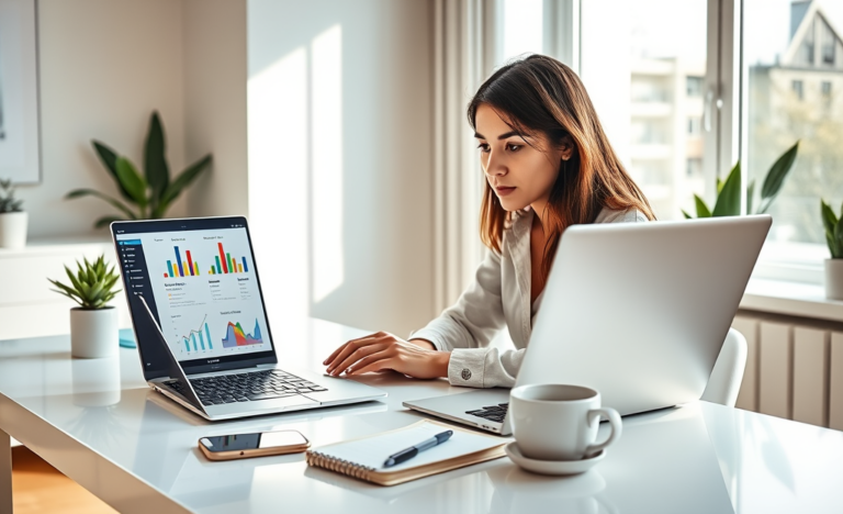 Young woman in a bright home office comparing competitive online loan rates on laptop and applying digitally using smartphone