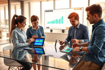 Diverse professionals using digital devices in modern office showcasing digital credit solutions for faster loan approval