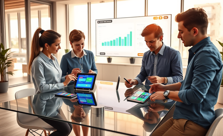 Diverse professionals using digital devices in modern office showcasing digital credit solutions for faster loan approval