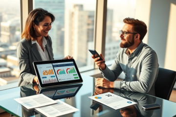 Loan officer and customer discussing credit options with digital charts and smartphone in bright modern office showing faster approval and easier terms