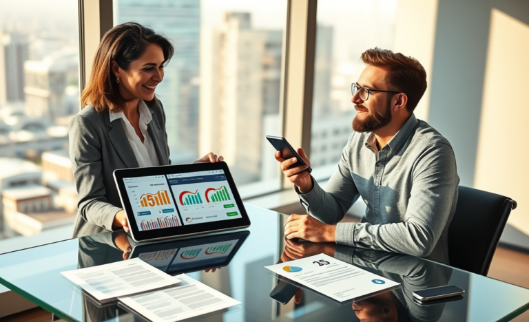 Loan officer and customer discussing credit options with digital charts and smartphone in bright modern office showing faster approval and easier terms